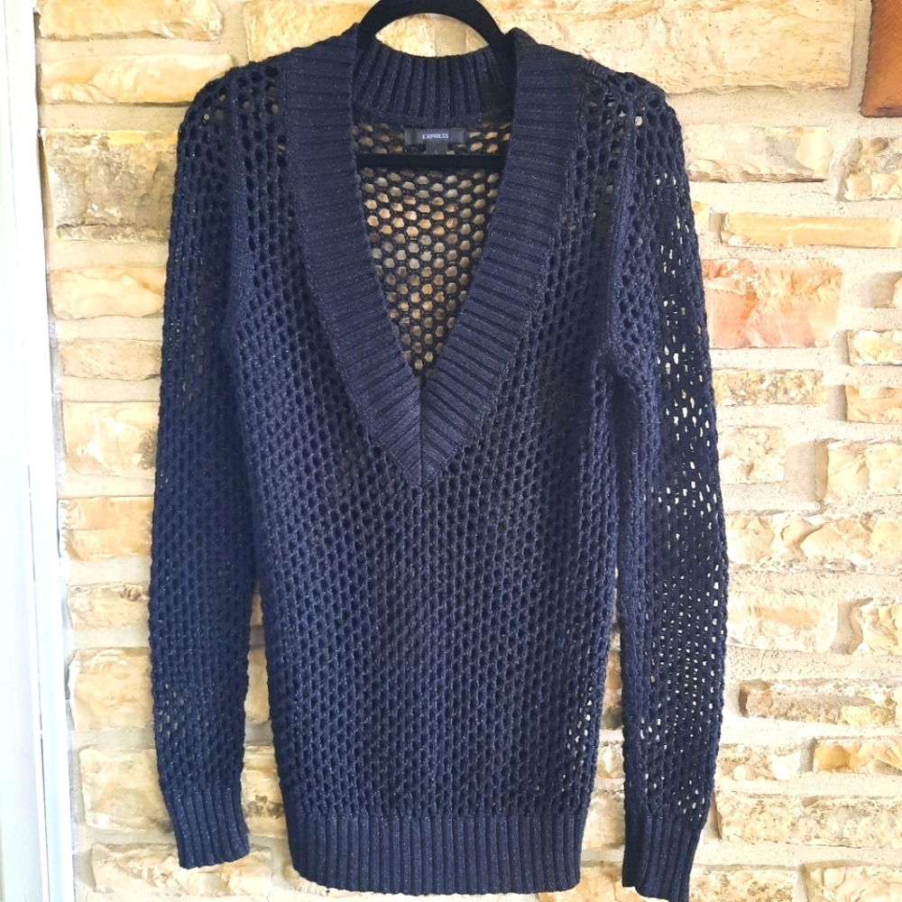 Express Open Knit Long-Sleeve Sweater Black Womens Size Large